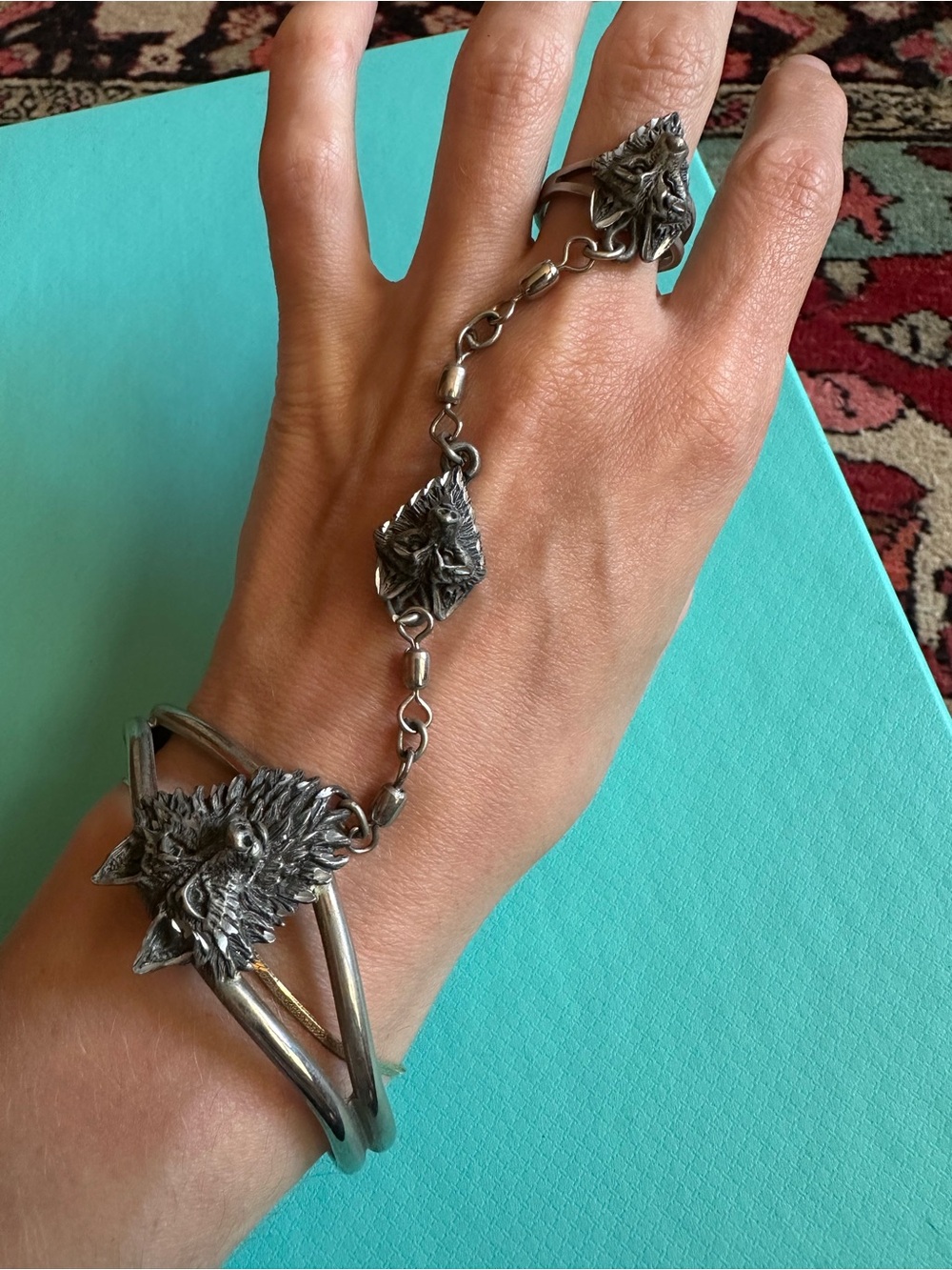 Vintage Silver Tone Wolf Bracelet Ring Slave Bracelet 1970s